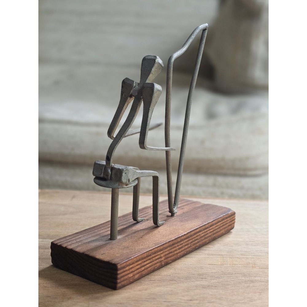 Mid Century Brutalist Metal Nail Art Sculpture Seated Harp Player - Picture 12 of 16